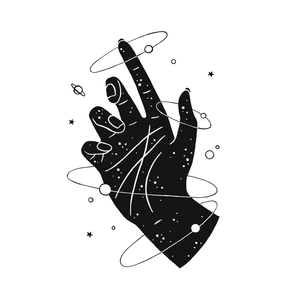 Temporary tattoo of a black hand with planets orbitting the fingers and wrist.