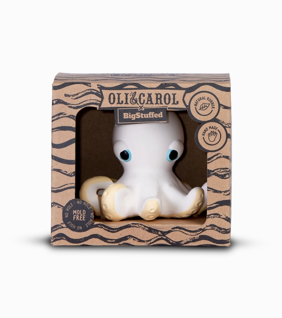 Orlando the Octopus toy in it's box with opening at the front to see him sitting in there waiting to go home with you!