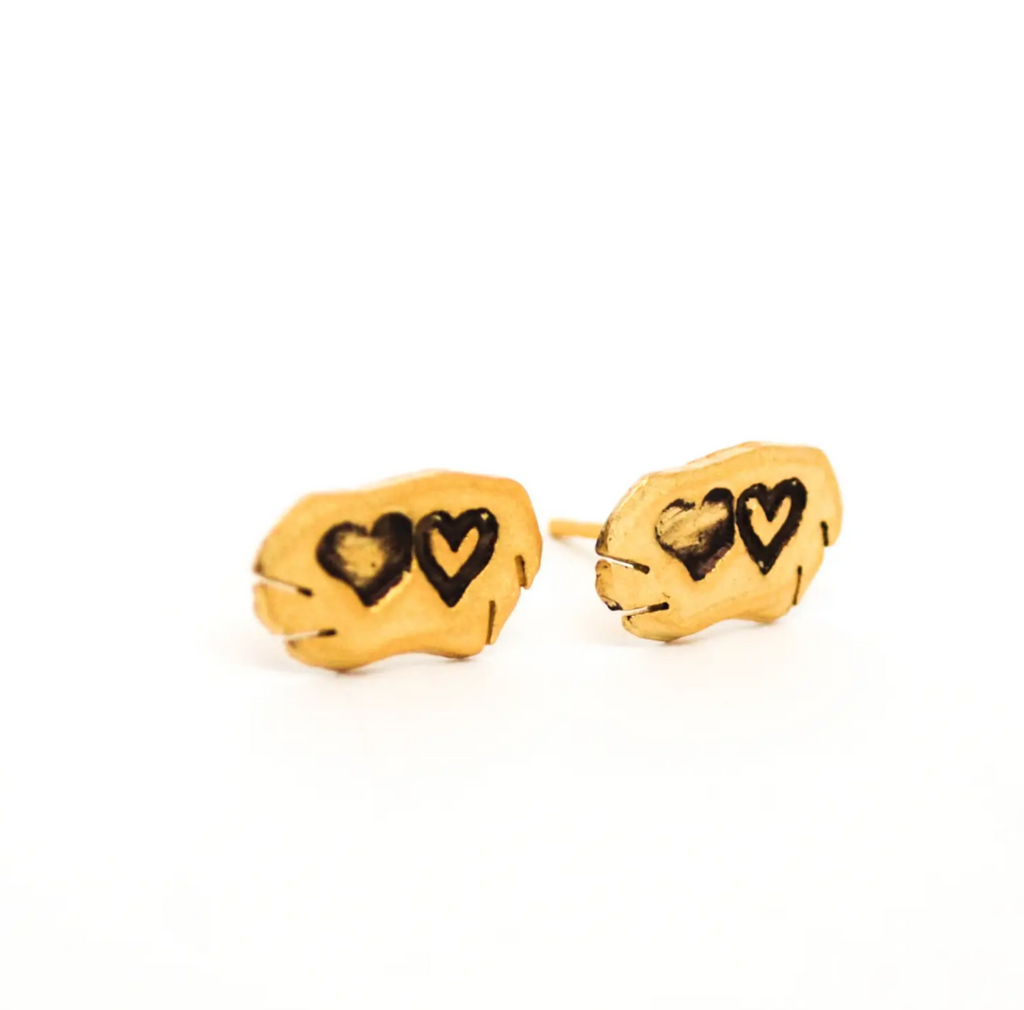 14K gold stud earrings stamped with two hearts.