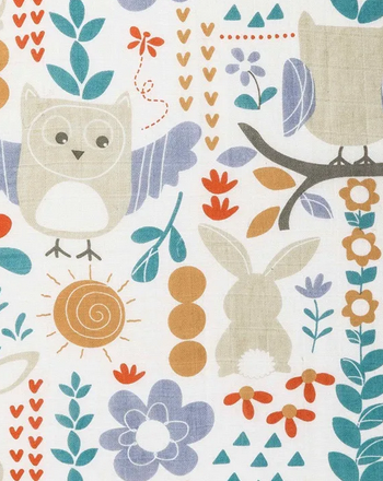 Muslin swaddle blanket in a boho owl and bunny print.