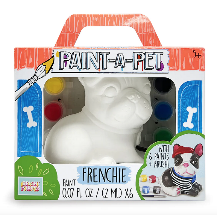 A white plaster Frenchie pet in its own carry case package! The case includes six paints and a paint brush. to decorate your Frenchie howerver yuo like. 