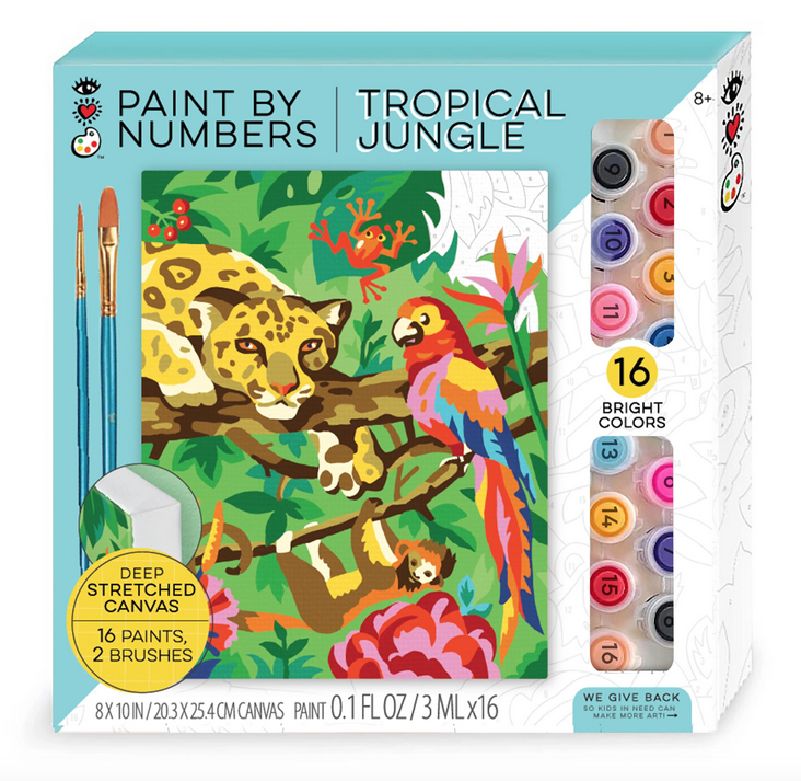 Tropical Jungle Paint by Numbers box. Shows the completed scene featuring a jaguar, monkey, parrot and frog. The 16 colors included are also visible. 
