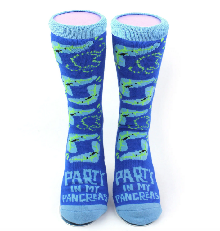 Bright blue socks with light blue accents that read "Party in My Pancreas" on the toe and "Insulin for the Win" on the back with stylized amino acid chain.