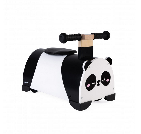 Black and white wooden ride on panda for toddlers.