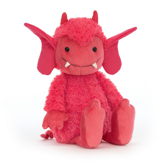 Bright pink Pandora Pixie monster plush by Jellycat.