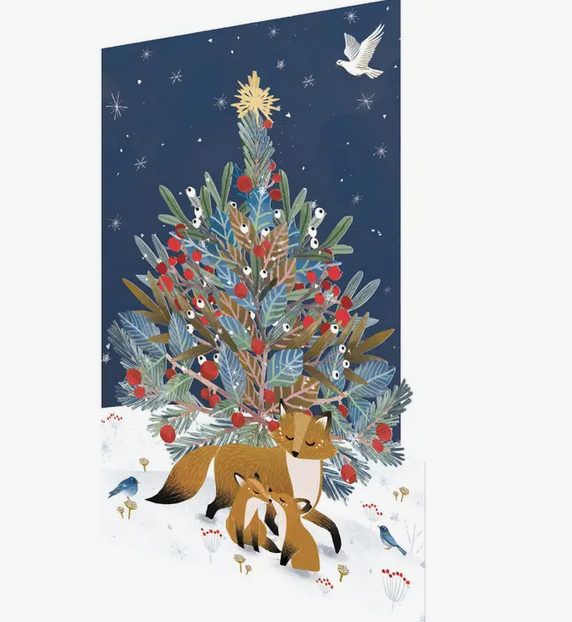 Lasercut greeting card with christmas tree and foxes. 