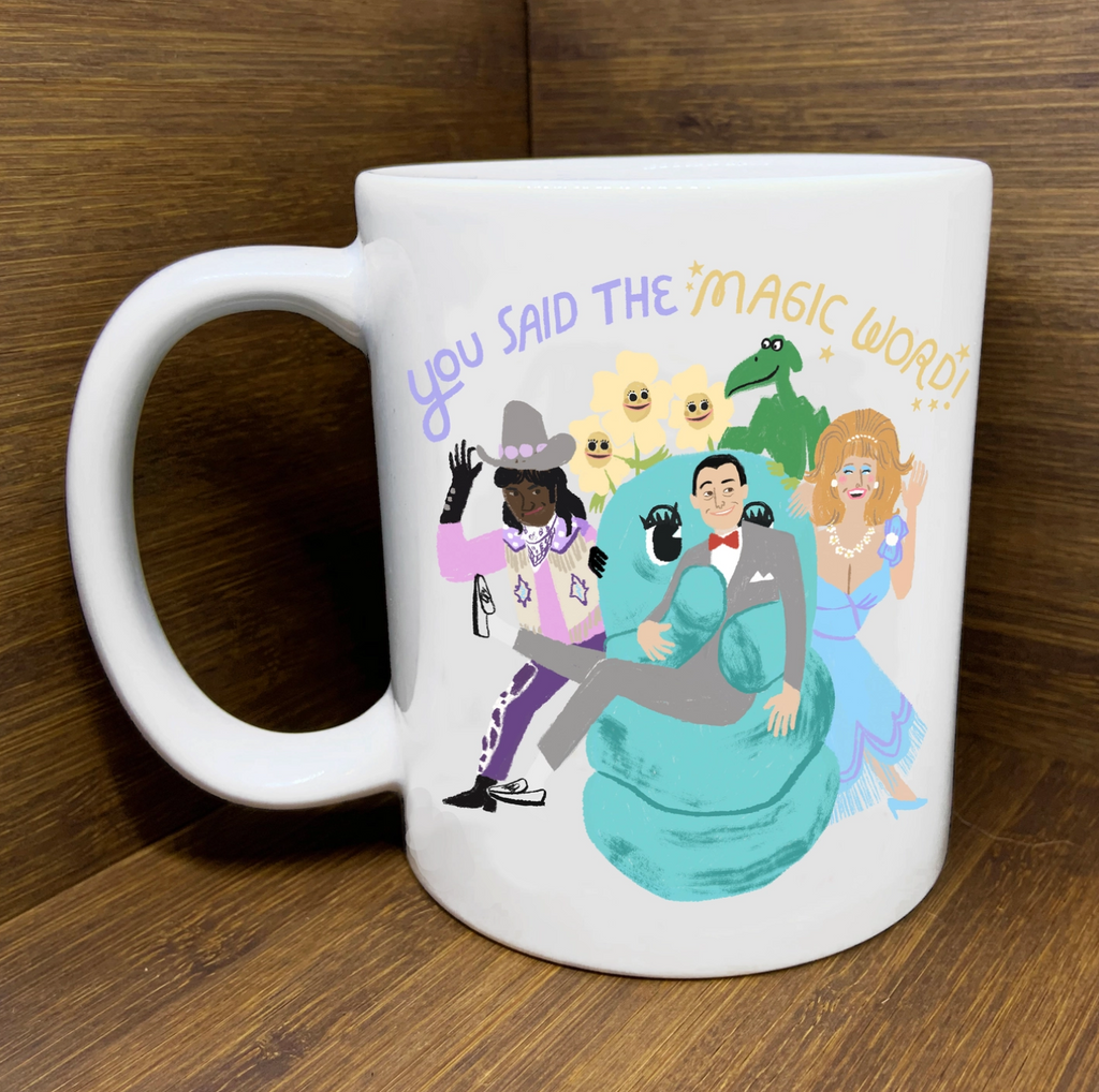 White ceramic mug with a colorful illustration of characters from the tv show Pee Wee's Playhouse.