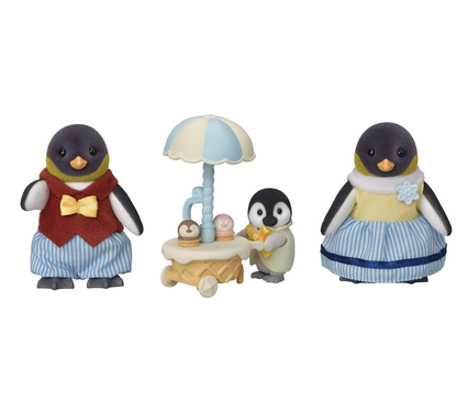Penguin family of three soft, flocked, poseable figures. Complete with an ice cream wagon and removable umbrella.