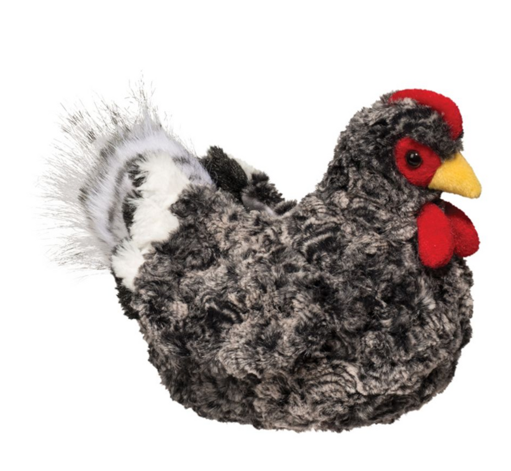 Black and grey plush hen with red face.