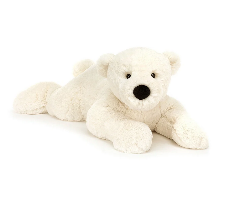 Perry Polar Bear with super soft white fur, detailed haunches, big squashy paws, perky ears, and a licorice nose. 
