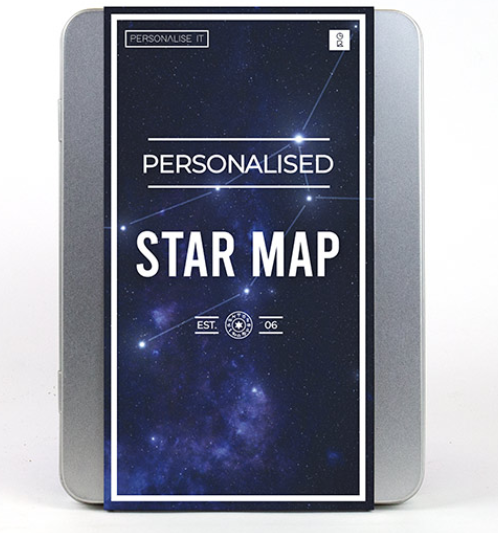 Personalized star map in a tin.