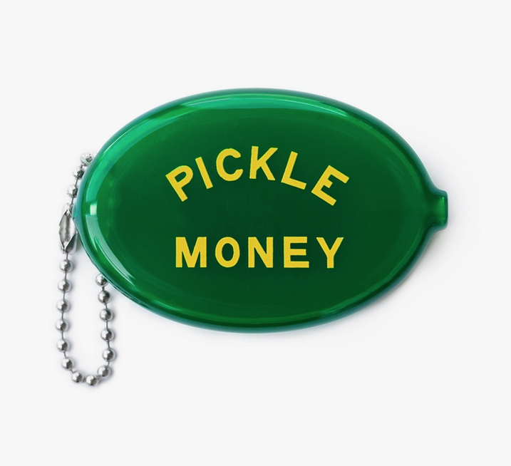 Green coin purse with "Pickle Money' printed in yellow. 