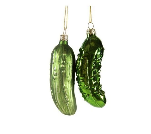 Whole Pickle ornaments, one a vibrant dark green and the other a charteuse green. 