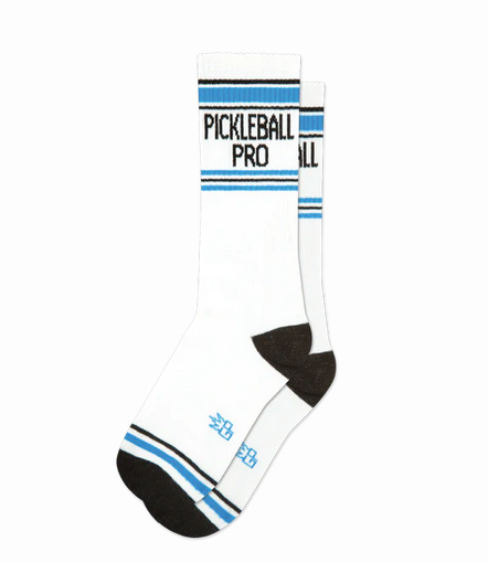 These super-comfy, unisex, one-size-fits-most, gym socks are made in the USA of bleach white cotton with bright blue and black accents. They say " Pickleball Pro"