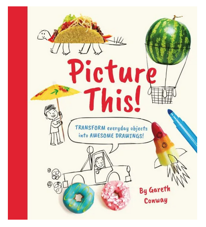 Cover of the activity book showing a taco is turned into a dinosaur, a watermelon made into a hot air ballon, a popsicle into a rocket, and donuts drawn as tires on a monster truck. 