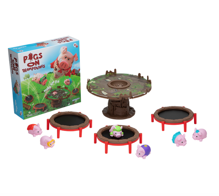 All the plastic pigs, three trampolines, and pig pen used to play game set up in front of the game box. 