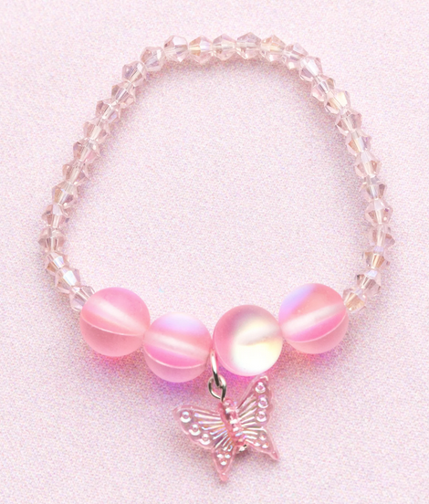 This elastic bracelet is a combination of smooth pink iridescent beads and smaller faceted iridescent beads, paired with a fabulous glimmering iridescent butterfly charm.