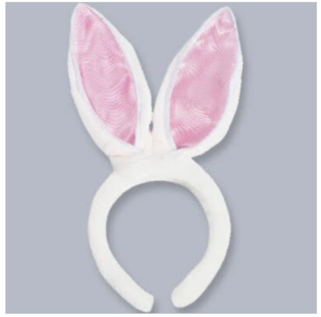 Headband with white bunny ears with pink inlay for the inside of the ears.  Headband is wrapped in white plush as well as the adjustable ears.  