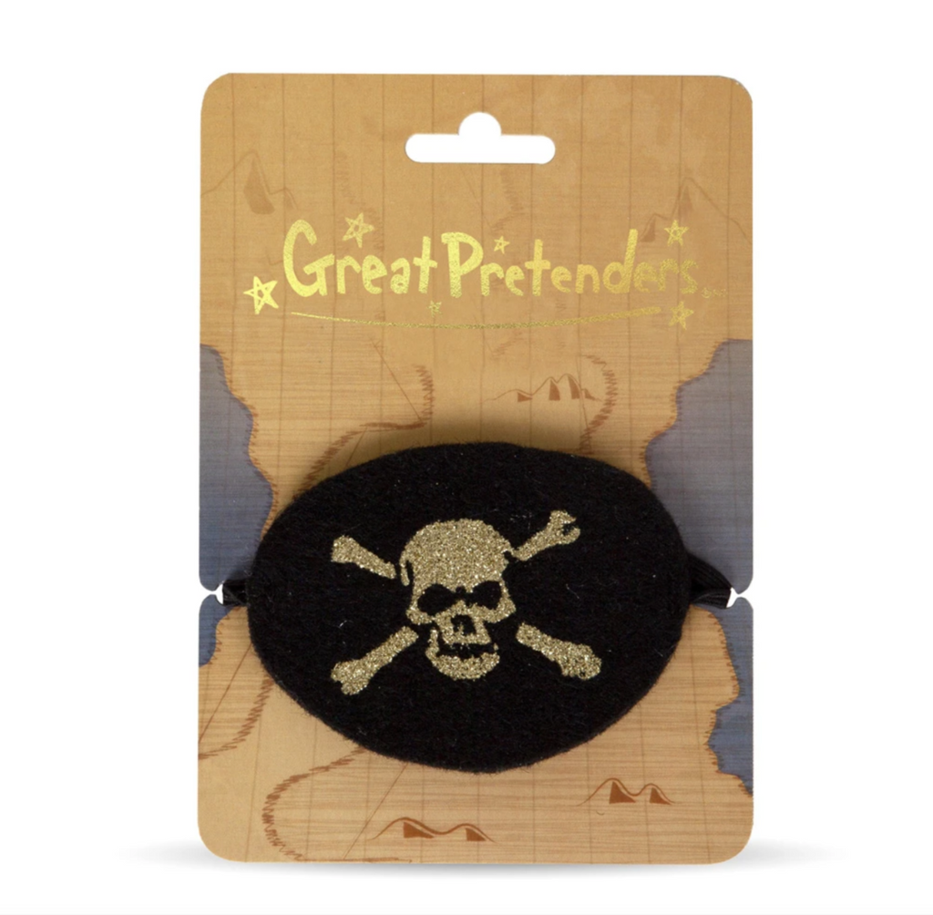 Black pirate eye patch with gold skull and crossbones.