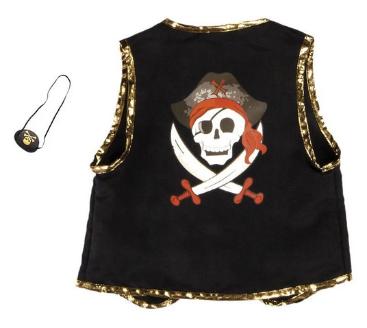 Set of pirate eye patch and pirate black velvet vest with a pirate skull and crossbones.