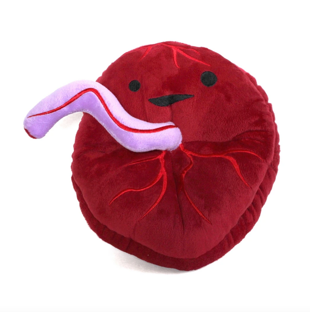 Red plush placenta with a happy embroidered face.