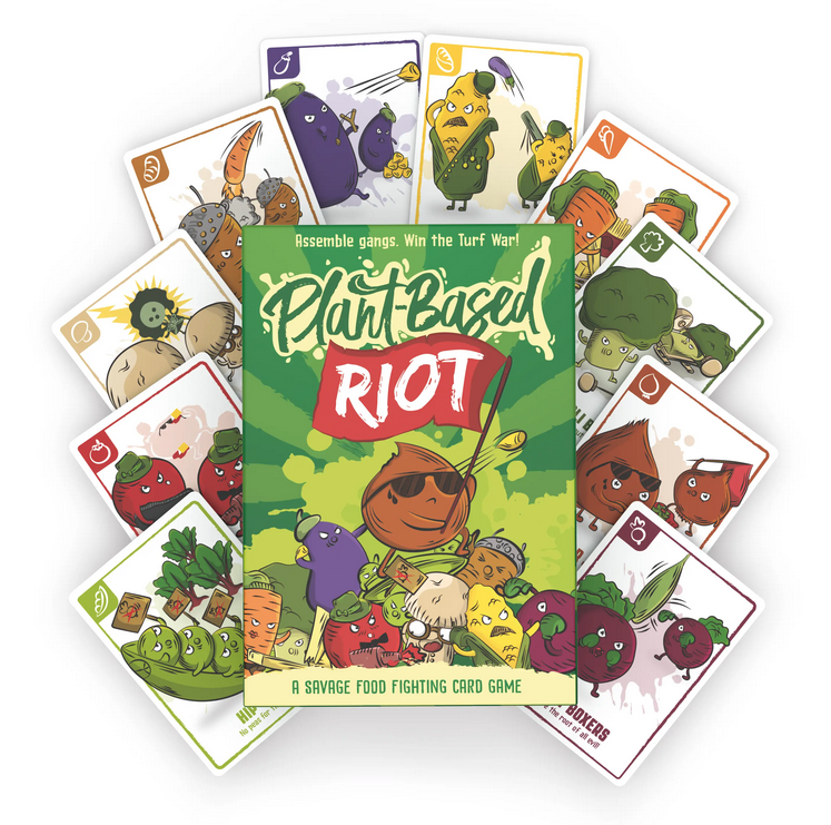 Plant Based Riot game box and playing cards.