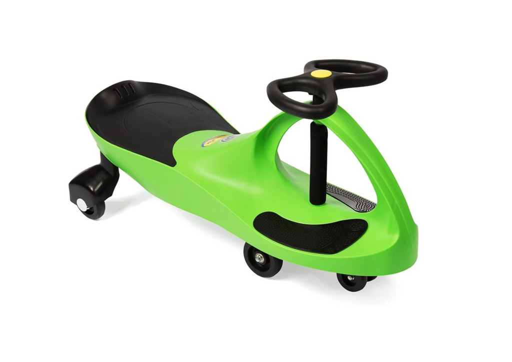 Lime green Plasmacar with black steering wheel, footrest and seat. 
