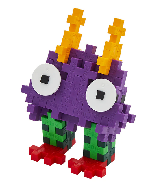 Plus Plus Critter Gub is a purple critter with big eyes and orange antlers. Here it is shown assembled. 