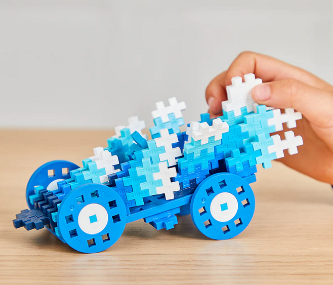 An example of the awesome car that can be built using the Plus Plus Water Color Cars tube.  Including wheels, baseplate, and original Plus Plus pieces in blue, turquoise, cornflower, white, navy, and the new color ocean blue.