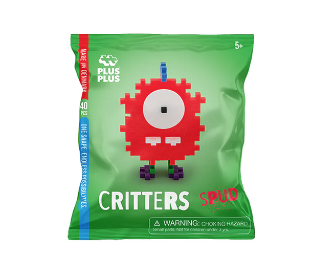 Plus Plus Critter Spud comes in a green bag containing 40 Plus-Plus pieces including 1 or 2 "eyes" in a variety of colors, along with instructions.  Spud has a rounded red body and one big eye. The colors used for Spud are coral, apple, cornflower, violet, white, and black. 