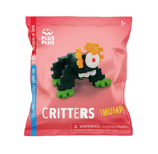 Plus Plus Critter Thump comes in a light red bag and contains 40 Plus-Plus pieces including 1 or 2 "eyes" in a variety of colors, along with instructions. Thump is a critter with a green body, four legs and one eye. 