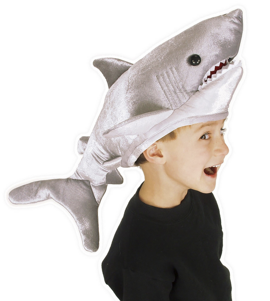 This grey plush hat is shaped just like a shark, complete with a toothy grin and fin on top. Shown here being worn by a child. 