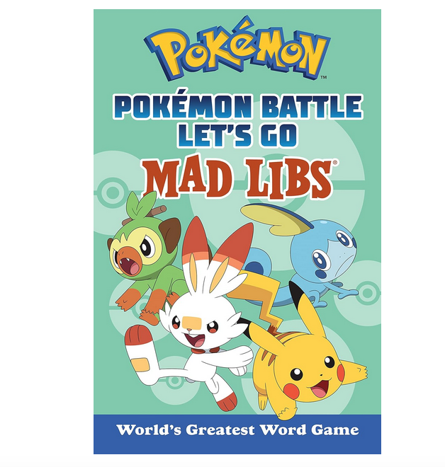 Cover for "Pokemon Battle Let's Go" Mad Libs with illustrations of all the pokemon featured in the stories inside. 