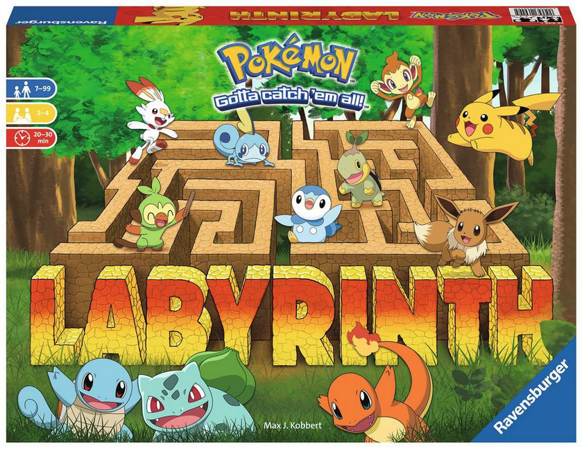 Pokemon Labyrinth game box. Illustrated with all the favorite characters like Pikachu, Bulbasar, Charmander, Squirtle, and more. They're trying to find their way through the maze. 