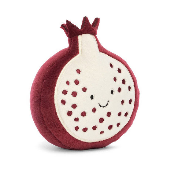 Smiling plush pomegranate fruit by Jellycat.