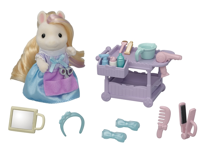 Calico Critters Pony' Hair Stylist set comes with Serafina Manely Pony figure, salon cart, and lots of hair accessories.