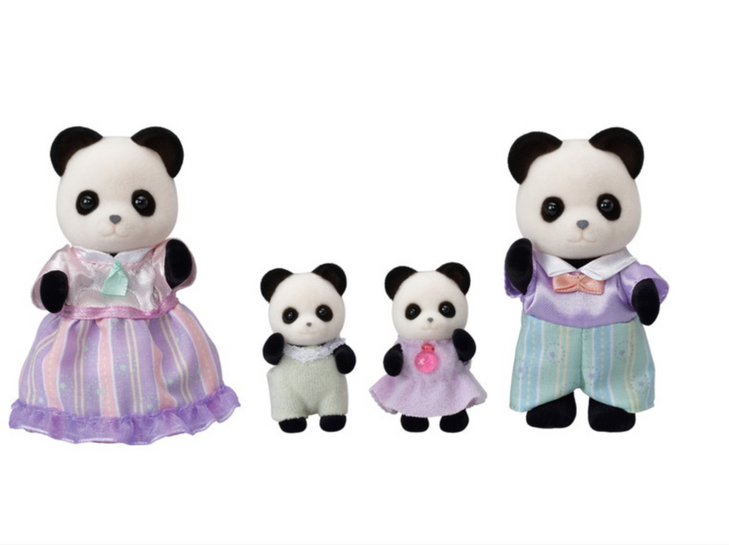 Calico Critters Pookie Panda Family with 2 adult and 2 child fuzzy black and white figures.