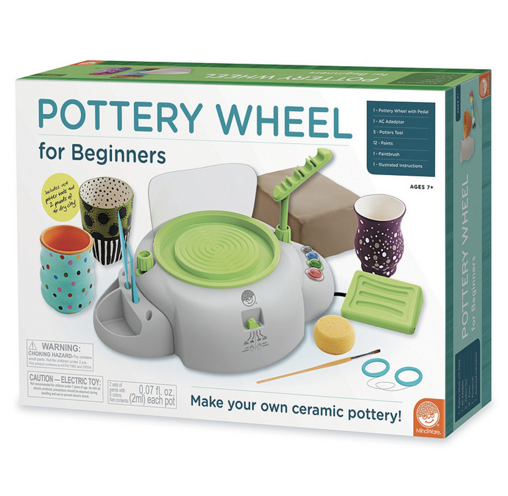 Pottery Wheel for Beginners box. Make your own ceramic pottery! Ages 7 and up. 1 pottery wheel with pedal. 1 AC adapter. 5 potters tool. 12 paints. 1 paintbrush. 1 illustrated instructions.