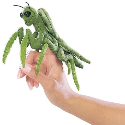 Praying Mantis fonger puppet perched on a finger with it's bright green body and beady eyes. 