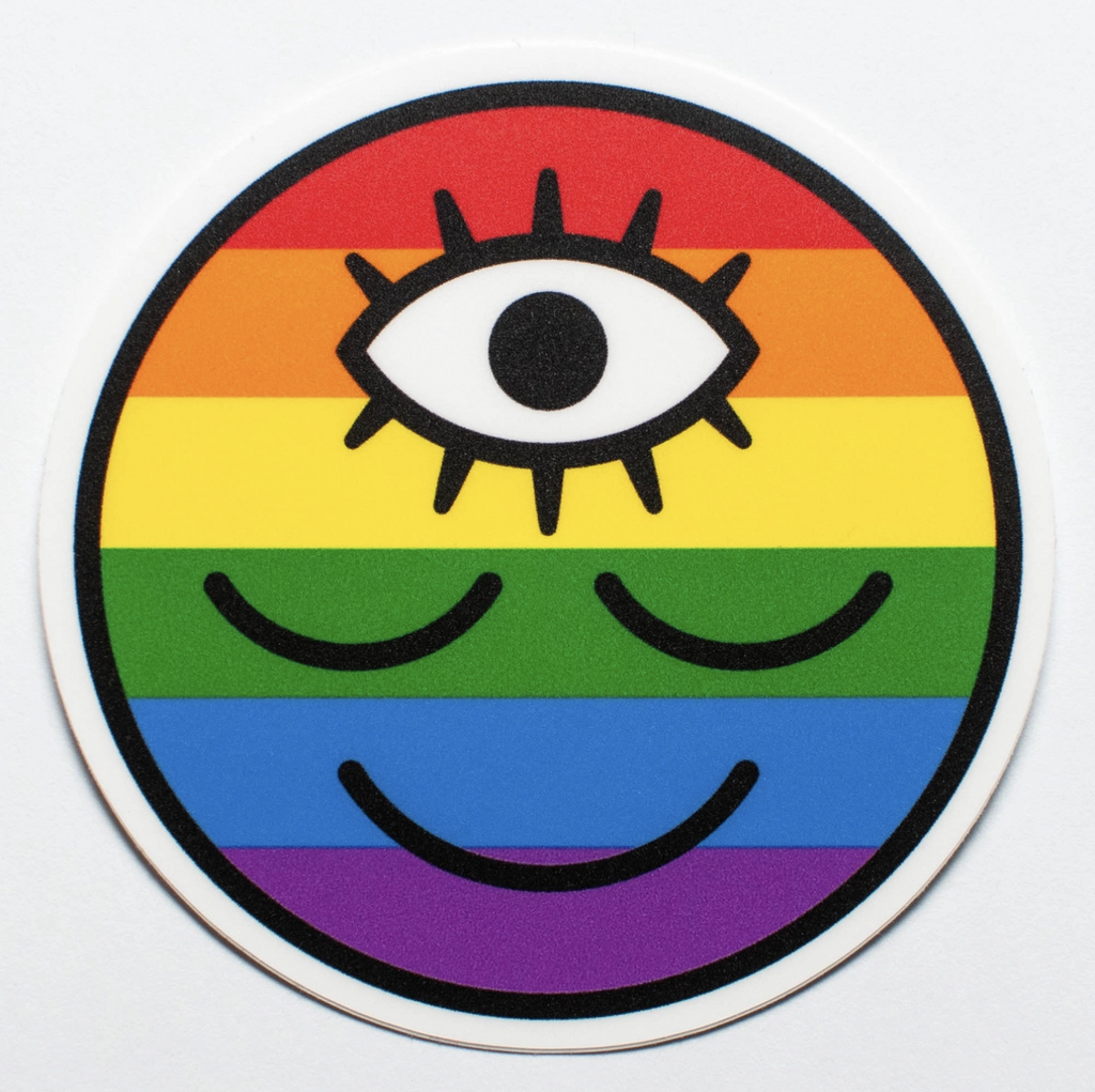 Round rainbow striped pride sticker with a happy face and an open 3rd eye.
