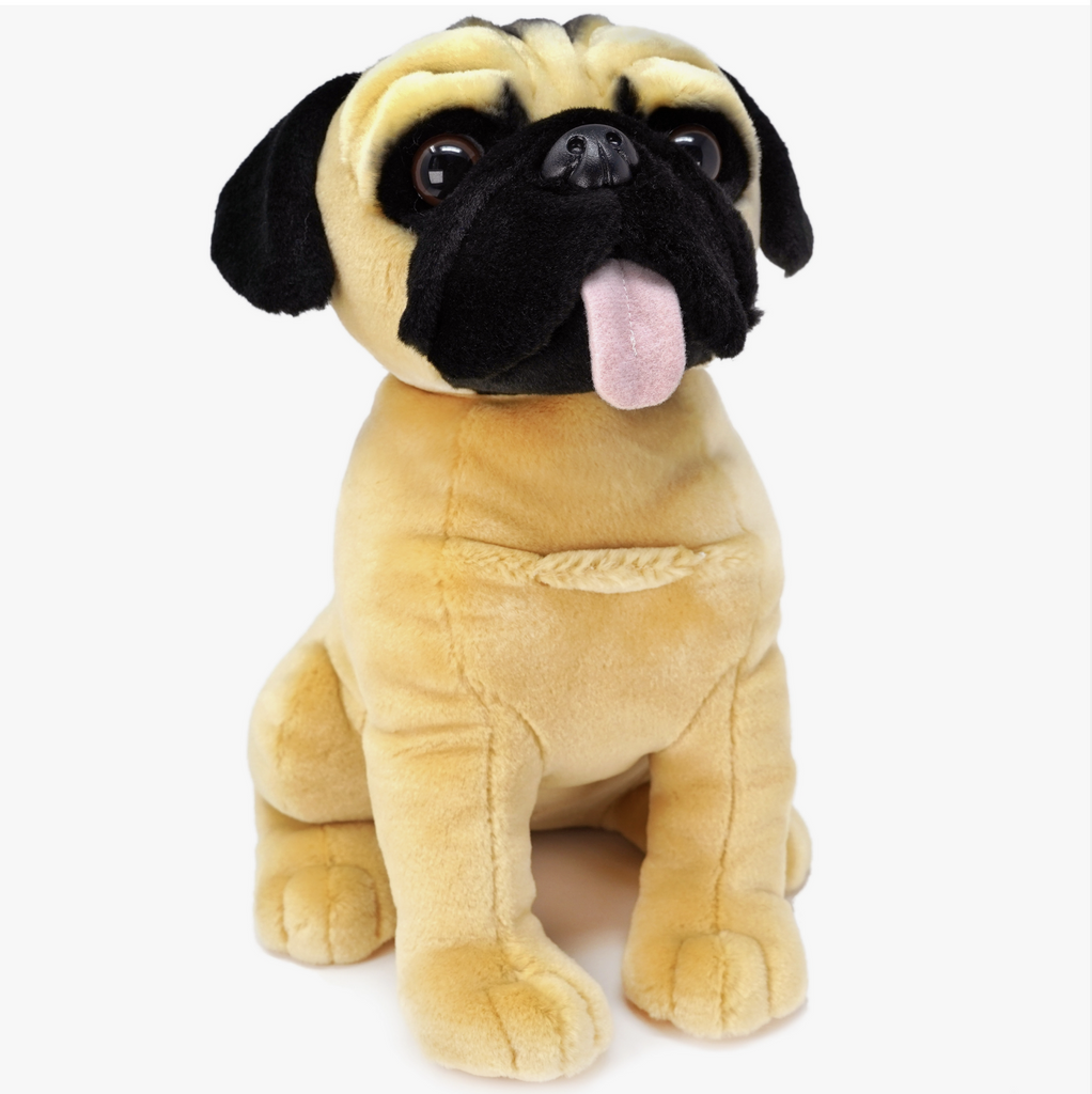 Princeton the pug is a realistic looking tan with black markings pug plush toy in a seated postion with his pink tongue sticking out.