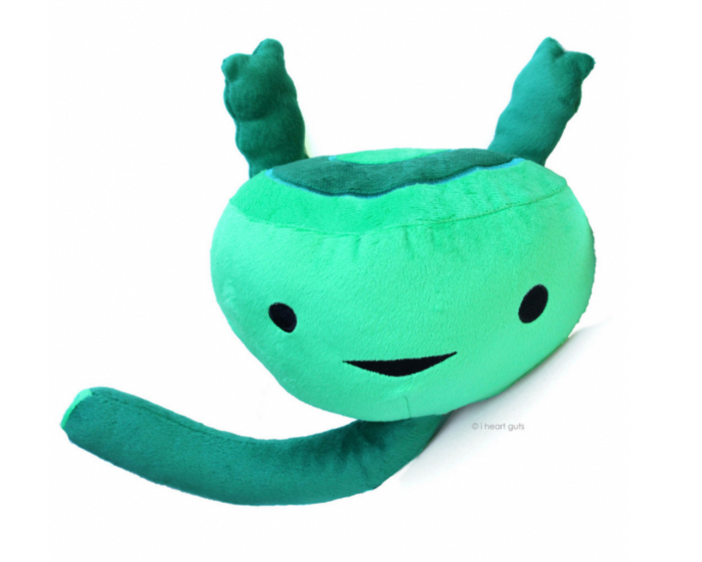 Green plush prostate with a happy embroidered face.