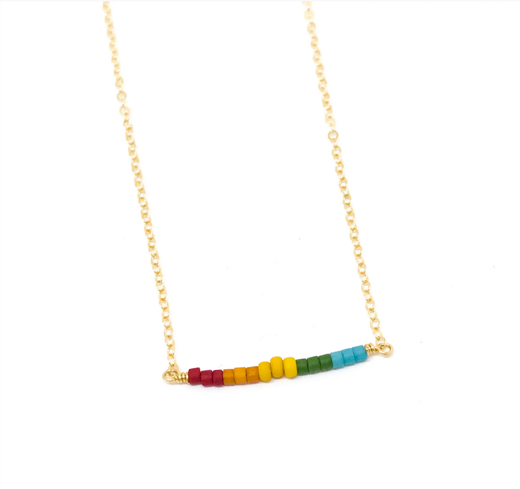 14K gold chain necklace with a staright bar of rainbow colored beads.