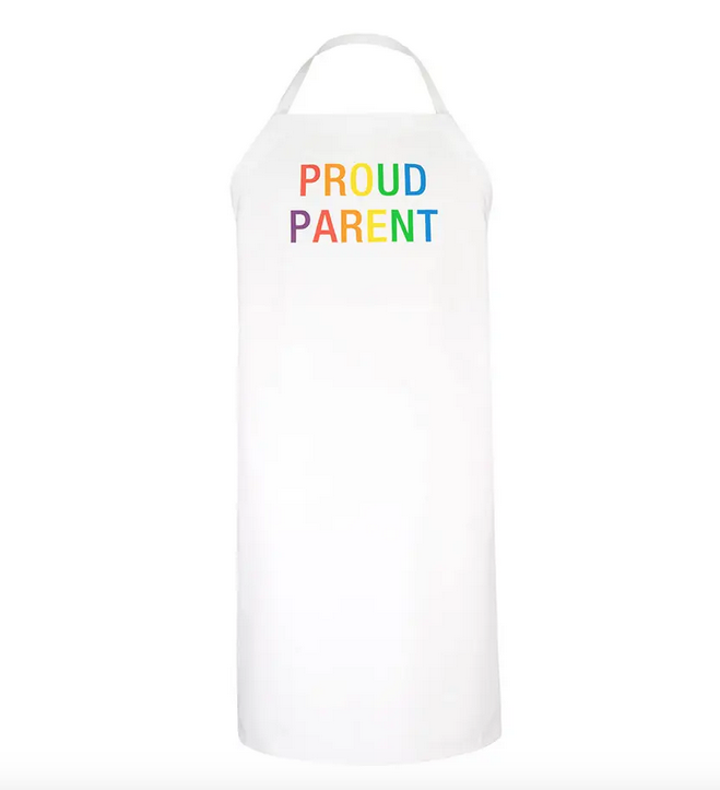 White over the neck apron that says Proud Parent in rainbow colors.