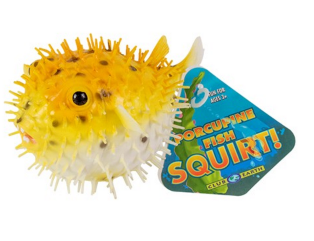 Plastic porcupine fish squirter. Fish is yellow iwht brown spots and white underside.