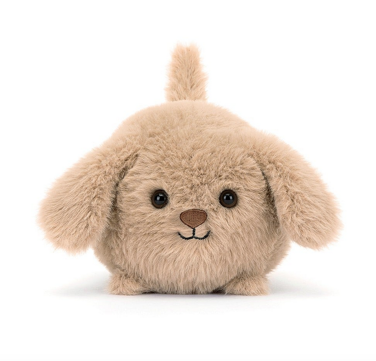 Face view of plush Puppy Caboodle. With soft tan fur and the roundest, pudgiest body. It's ears are fluffy and it's tail is sticking straight up. 