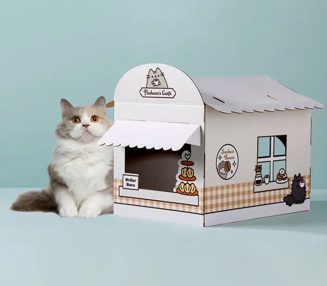 A cat sitting beside the completed cat palyhouse. 