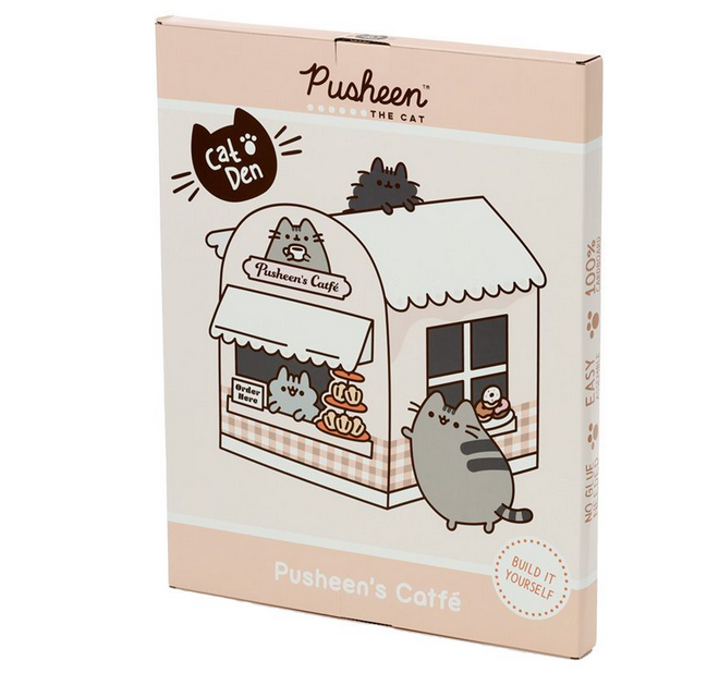 The box that the deconstructed cat playhouse comes in. The illustrations on the box feature Pusheen the cat at the cafe. 