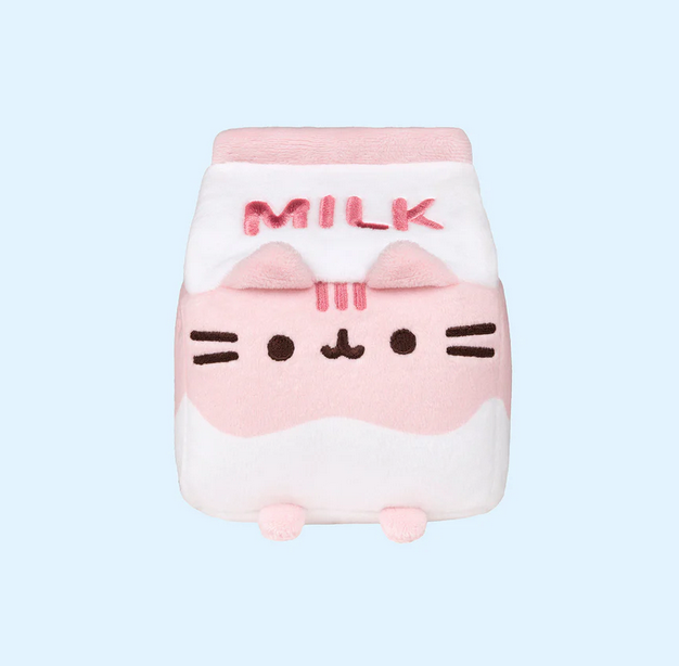 A small milk carton shaped pink and white plush with cute Pusheen face. 