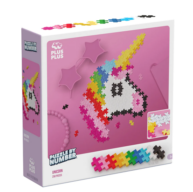 Plus-Plus Puzzle By Number® Unicorn 250 piece combines the artistry of a paint by number with the satisfaction of a puzzle into a unique creative experience. Using the enclosed pattern, fill in the design by matching each number with the corresponding color.